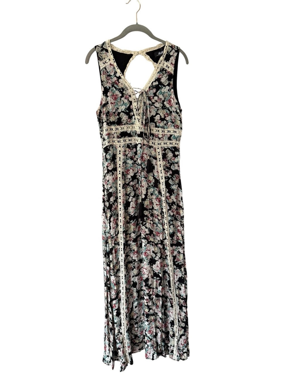 Lulu's Black Floral Print Maxi Dress Size XL Crochet Lace-Trim Boho Party Event - Picture 6 of 17